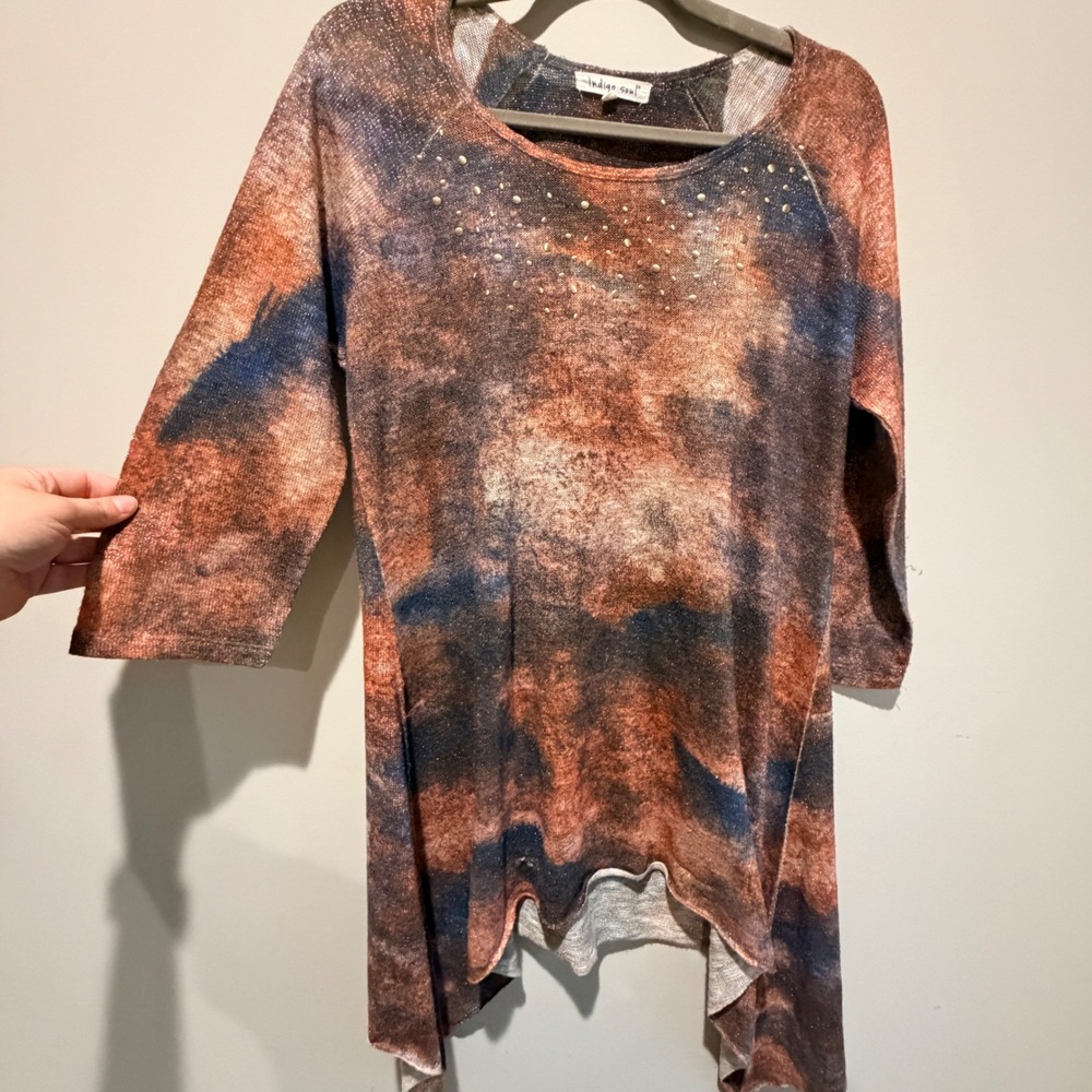 Indigo Soul Tunic Top Womens Large Stretch Flowy Whimsigoth Indie Celetial
